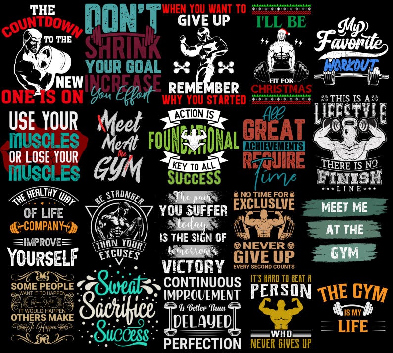 500+ Ultimate Fitness PNG Design Bundle | Powerful Motivational Quotes & Bold Graphics for Gym T-Shirts