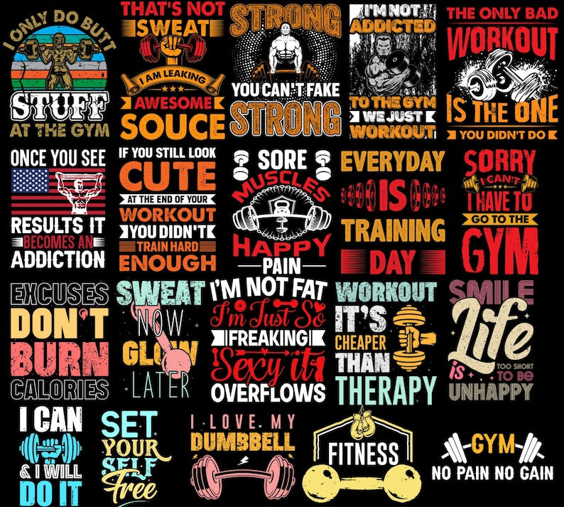 500+ Ultimate Fitness PNG Design Bundle | Powerful Motivational Quotes & Bold Graphics for Gym T-Shirts