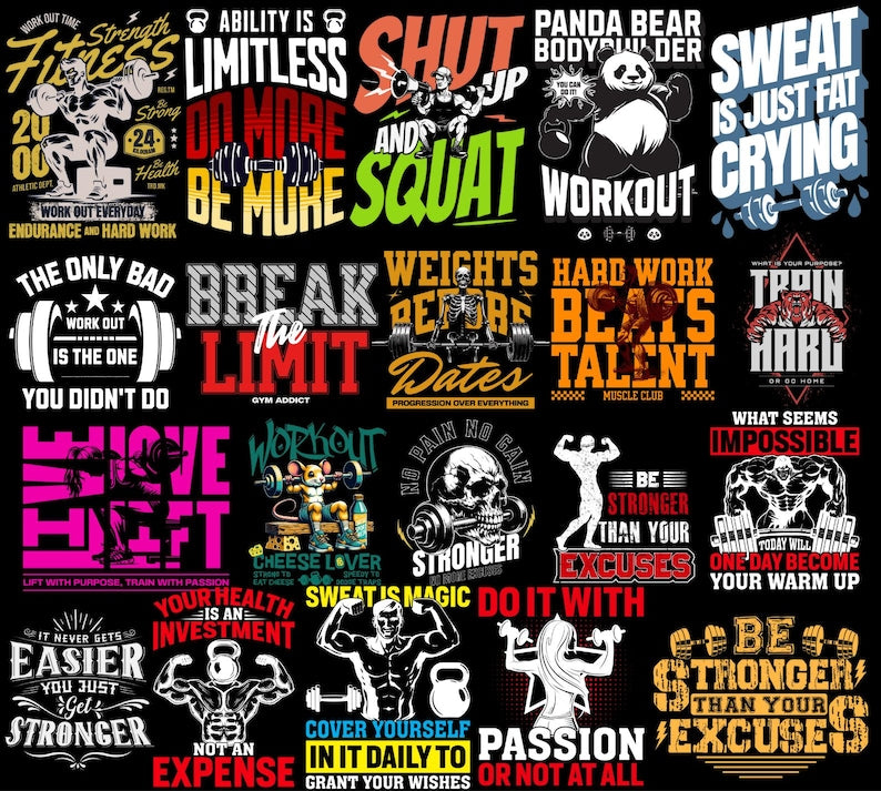500+ Ultimate Fitness PNG Design Bundle | Powerful Motivational Quotes & Bold Graphics for Gym T-Shirts