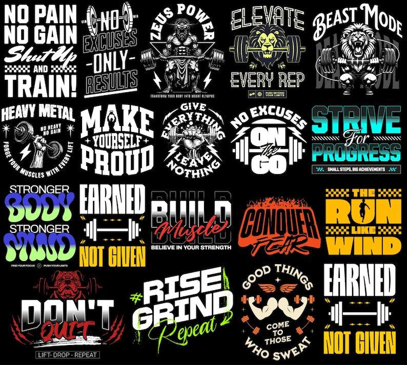 500+ Ultimate Fitness PNG Design Bundle | Powerful Motivational Quotes & Bold Graphics for Gym T-Shirts