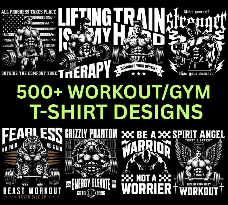 500+ Ultimate Fitness PNG Design Bundle | Powerful Motivational Quotes & Bold Graphics for Gym T-Shirts