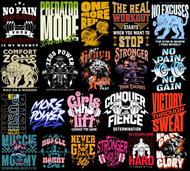 500+ Ultimate Fitness PNG Design Bundle | Powerful Motivational Quotes & Bold Graphics for Gym T-Shirts