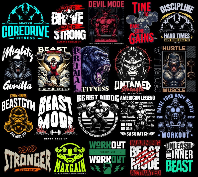 500+ Ultimate Fitness PNG Design Bundle | Powerful Motivational Quotes & Bold Graphics for Gym T-Shirts