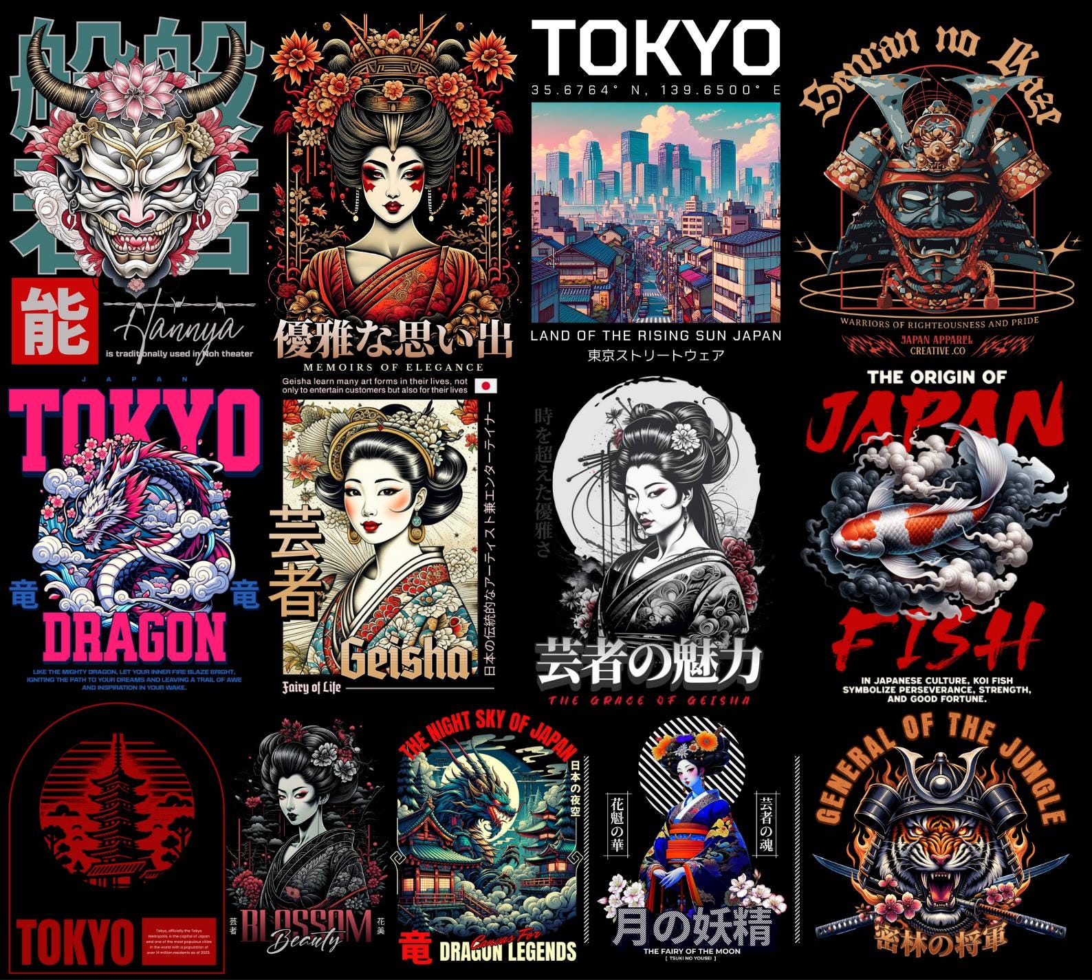 Over 200 high-quality Japanese culture T-shirt design PNGs featuring samurai, geisha, koi fish, katana, cherry blossoms, and ukiyo-e art. Perfect for POD, Japanese streetwear shirts, Asian vintage fashion, anime-inspired apparel, and Tokyo urban clothing designs. Transparent background. Ready-to-use Japan aesthetic clipart for t-shirts, hoodies, stickers, and more.