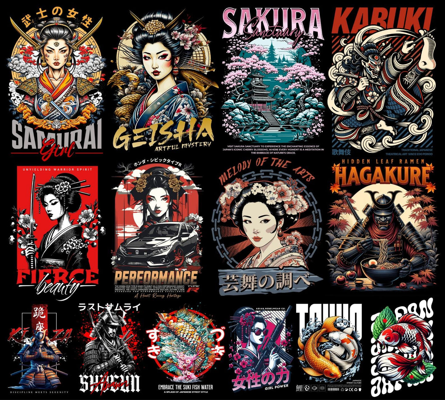 Over 200 high-quality Japanese culture T-shirt design PNGs featuring samurai, geisha, koi fish, katana, cherry blossoms, and ukiyo-e art. Perfect for POD, Japanese streetwear shirts, Asian vintage fashion, anime-inspired apparel, and Tokyo urban clothing designs. Transparent background. Ready-to-use Japan aesthetic clipart for t-shirts, hoodies, stickers, and more.