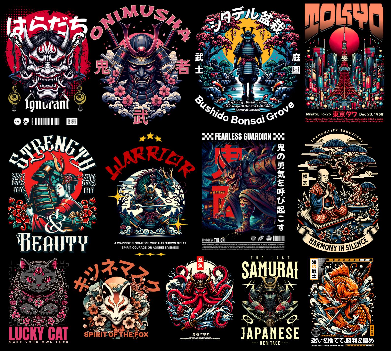 Over 200 high-quality Japanese culture T-shirt design PNGs featuring samurai, geisha, koi fish, katana, cherry blossoms, and ukiyo-e art. Perfect for POD, Japanese streetwear shirts, Asian vintage fashion, anime-inspired apparel, and Tokyo urban clothing designs. Transparent background. Ready-to-use Japan aesthetic clipart for t-shirts, hoodies, stickers, and more.