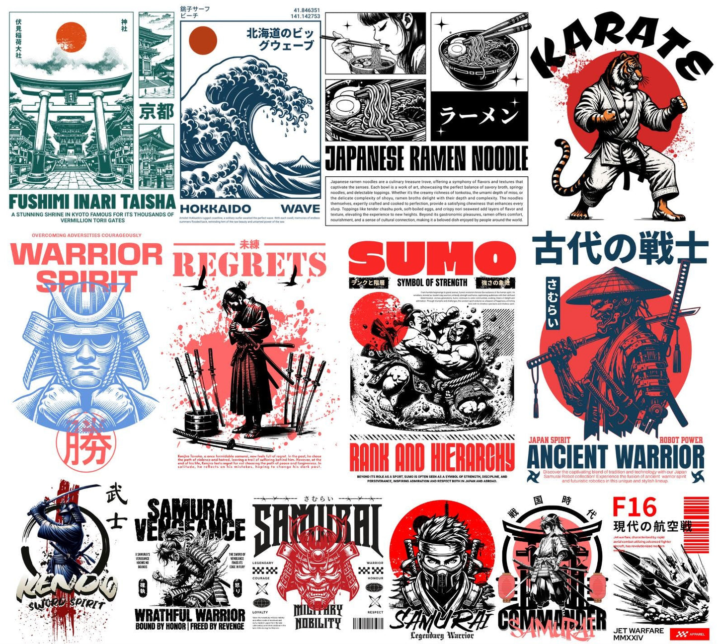 Over 200 high-quality Japanese culture T-shirt design PNGs featuring samurai, geisha, koi fish, katana, cherry blossoms, and ukiyo-e art. Perfect for POD, Japanese streetwear shirts, Asian vintage fashion, anime-inspired apparel, and Tokyo urban clothing designs. Transparent background. Ready-to-use Japan aesthetic clipart for t-shirts, hoodies, stickers, and more.