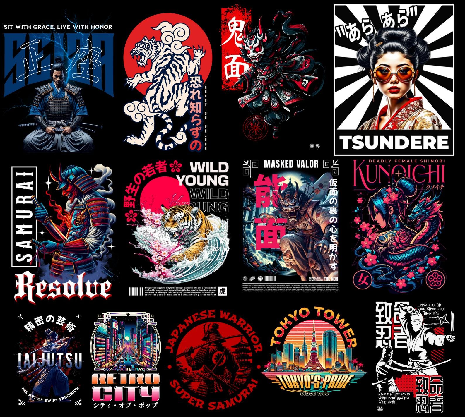 Over 200 high-quality Japanese culture T-shirt design PNGs featuring samurai, geisha, koi fish, katana, cherry blossoms, and ukiyo-e art. Perfect for POD, Japanese streetwear shirts, Asian vintage fashion, anime-inspired apparel, and Tokyo urban clothing designs. Transparent background. Ready-to-use Japan aesthetic clipart for t-shirts, hoodies, stickers, and more.