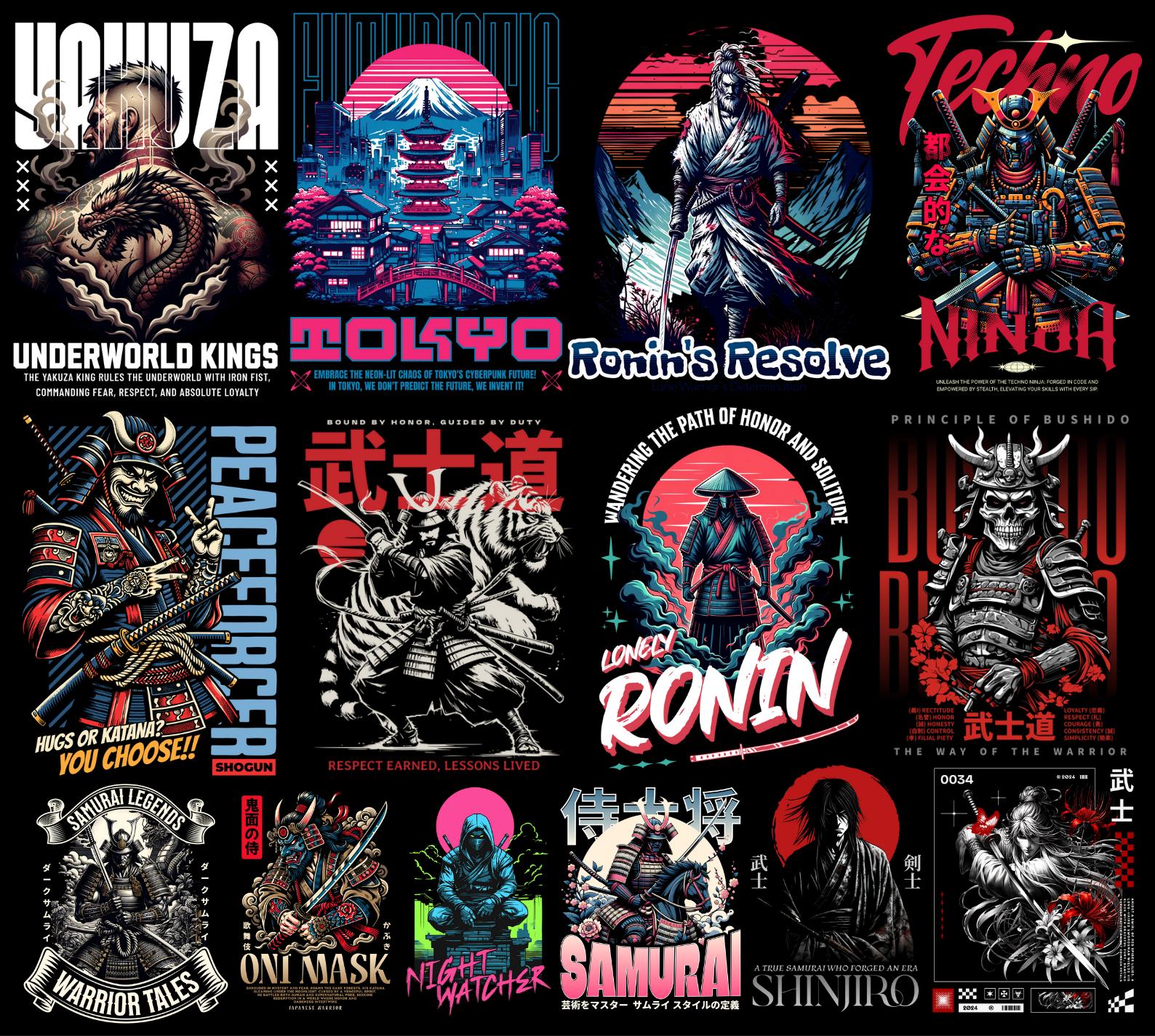 Over 200 high-quality Japanese culture T-shirt design PNGs featuring samurai, geisha, koi fish, katana, cherry blossoms, and ukiyo-e art. Perfect for POD, Japanese streetwear shirts, Asian vintage fashion, anime-inspired apparel, and Tokyo urban clothing designs. Transparent background. Ready-to-use Japan aesthetic clipart for t-shirts, hoodies, stickers, and more.