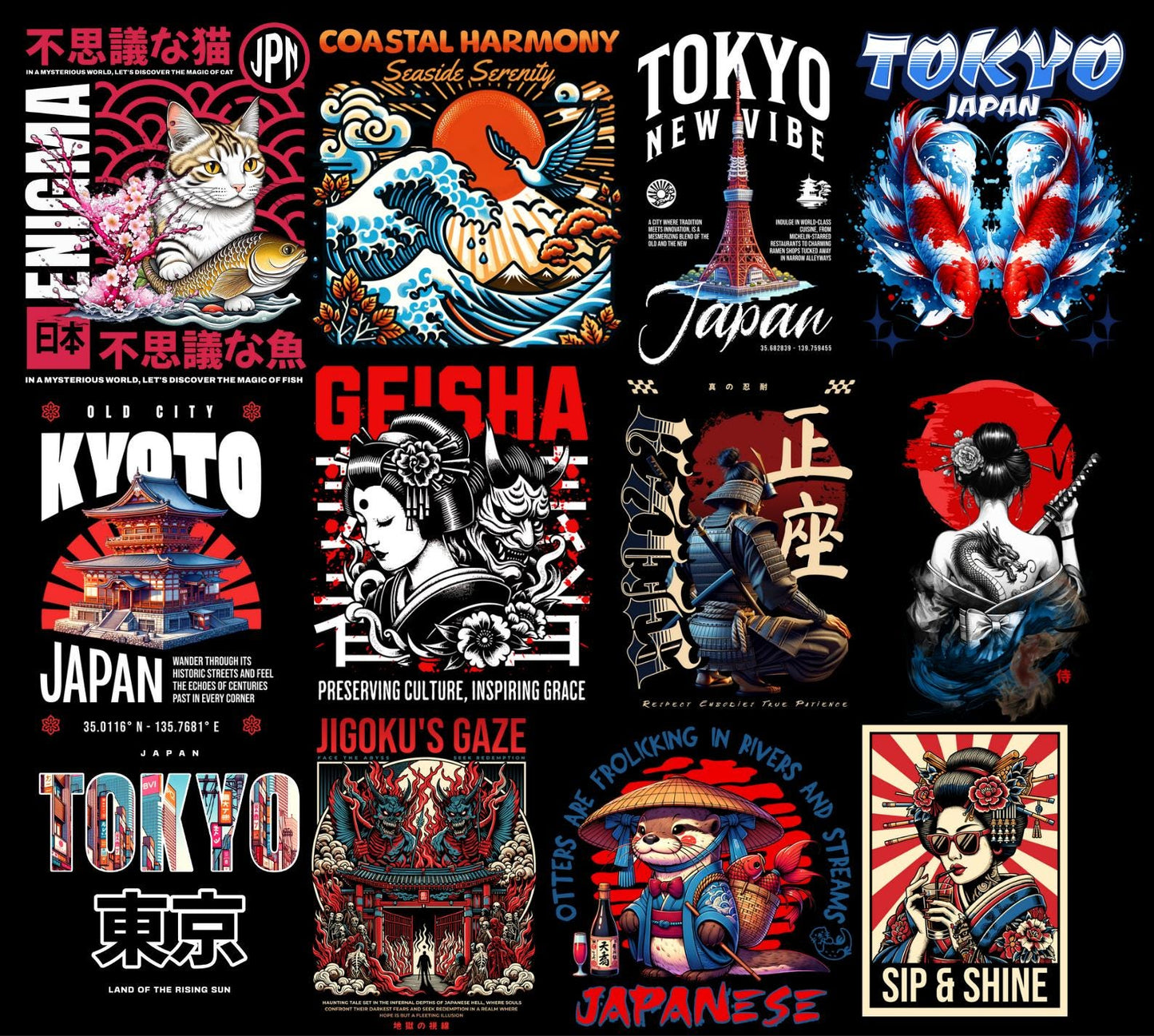 Over 200 high-quality Japanese culture T-shirt design PNGs featuring samurai, geisha, koi fish, katana, cherry blossoms, and ukiyo-e art. Perfect for POD, Japanese streetwear shirts, Asian vintage fashion, anime-inspired apparel, and Tokyo urban clothing designs. Transparent background. Ready-to-use Japan aesthetic clipart for t-shirts, hoodies, stickers, and more.